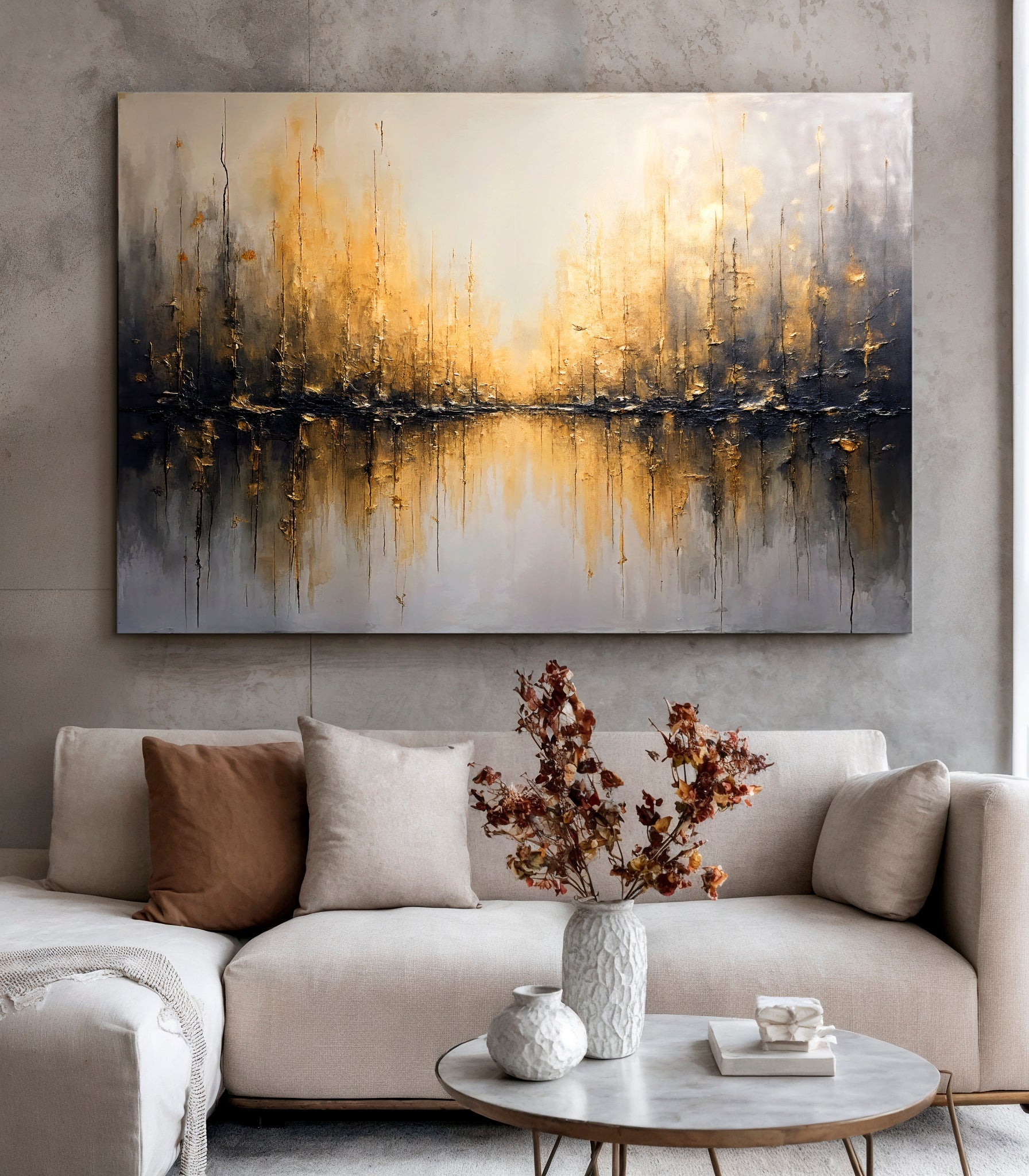 Golden Reflections Abstract Wall Art on canvas by Tailored Canvases in gold gray tones on Tampa Home & Garden Store