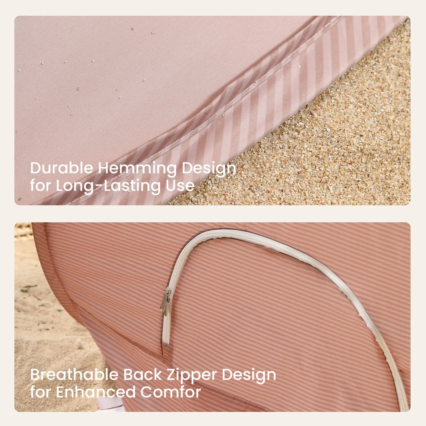 Beach Tent by Tiny Land INC in pink striped fabric with hemming and zipper detail on Tampa Home & Garden Store