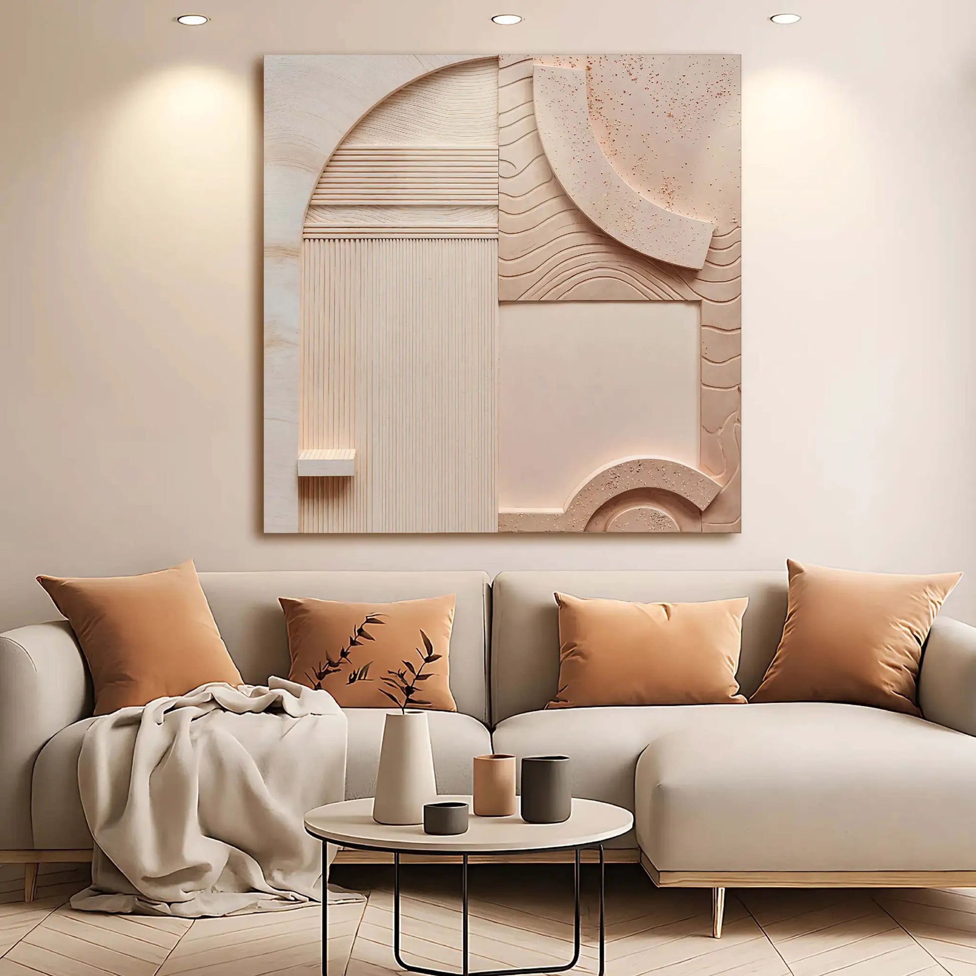 Minimalist peach clay canvas wall art with curved arc and textured panels by Tailored Canvases on Tampa Home & Garden Store