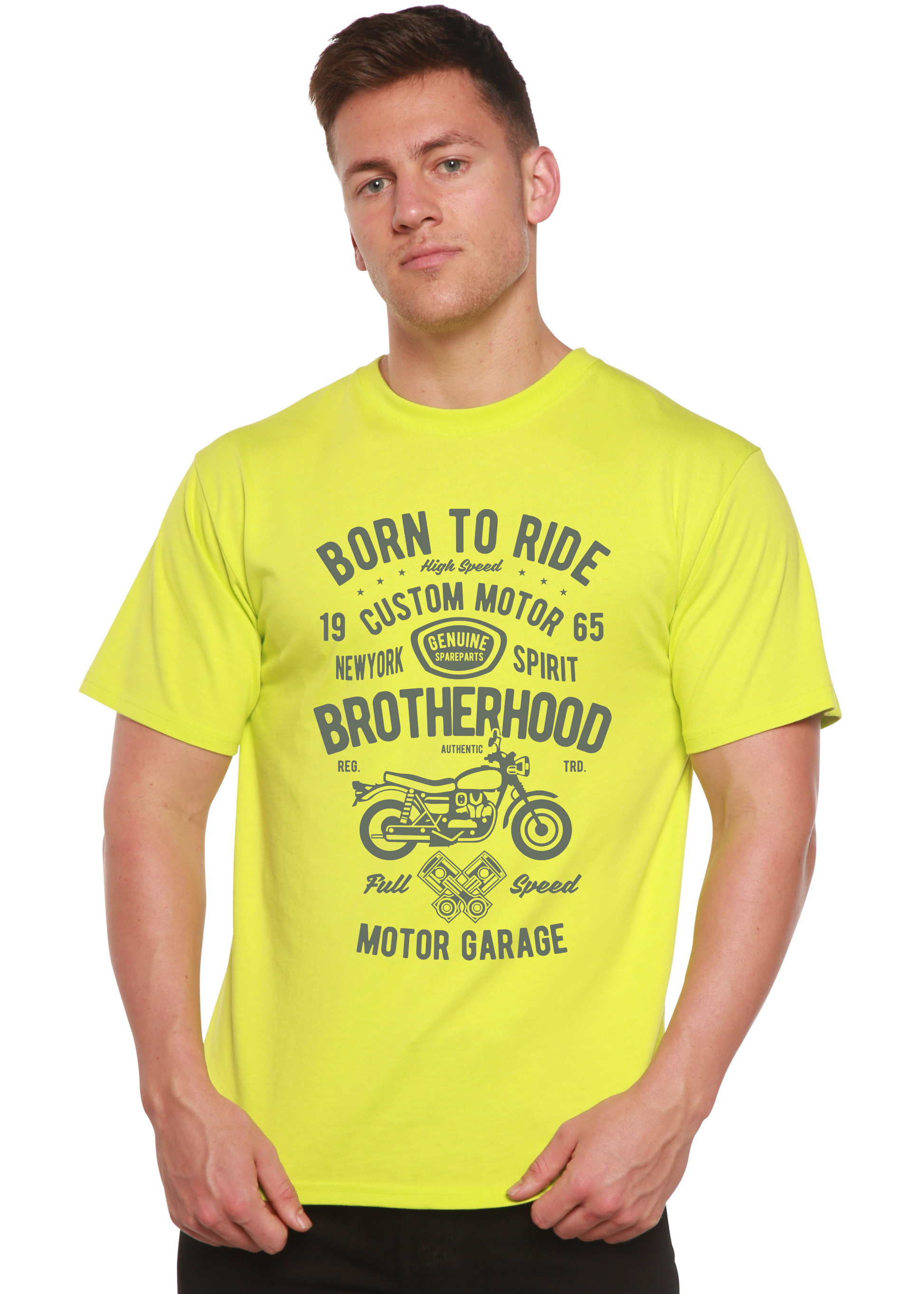 Motorcycle Brotherhood neon lime short sleeve T-shirt Spun Bamboo with bike print on Tampa Home & Garden Store