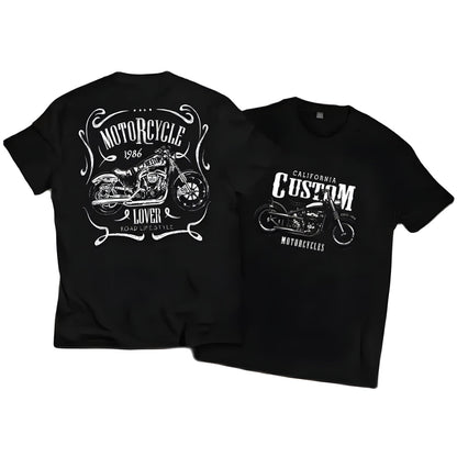 Black unisex cotton T-shirt with white motorcycle art; California Custom, back 1986 on Tampa Home & Garden Store