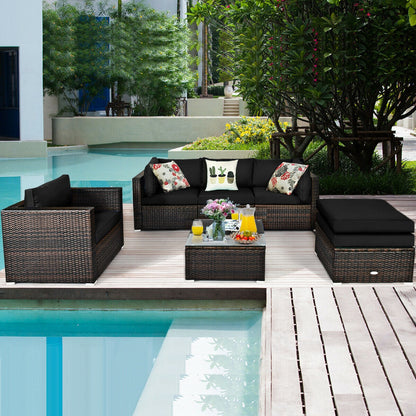 Juego de muebles de patio de ratán de 6 piezas con cojín seccional - Negro