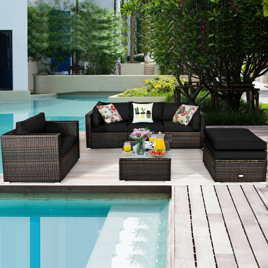 6 Pcs Patio Rattan Furniture Set with Sectional Cushion-Black - Tampa Home & Garden Store