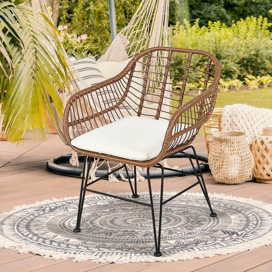 3-Piece Rattan Bistro Set with Cushions and Glass Table, brown wicker, white cushions on deck on Tampa Home & Garden Store