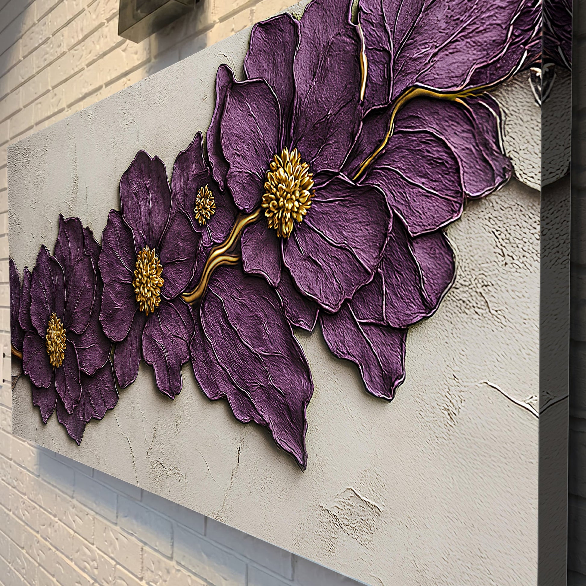 Purple flower plaster wall art canvas by Tailored Canvases, petals with gold centers on Tampa Home & Garden Store