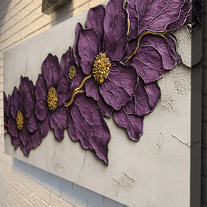 Purple flower plaster wall art canvas by Tailored Canvases, petals with gold centers on Tampa Home & Garden Store