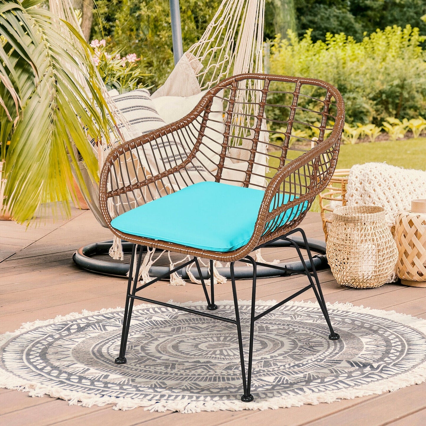 3-Piece Rattan Bistro Set with Cushions and Glass Table brown wicker with turquoise cushions on Tampa Home & Garden Store