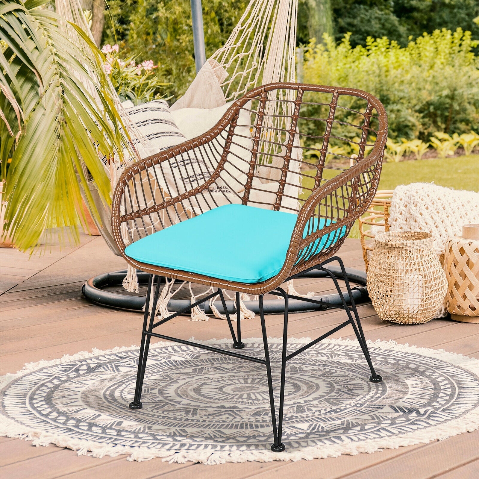 3-Piece Rattan Bistro Set with Cushions and Glass Table brown wicker with turquoise cushions on Tampa Home & Garden Store