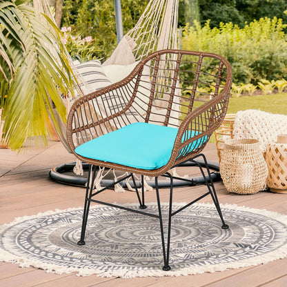 3-Piece Rattan Bistro Set with Cushions and Glass Table brown wicker with turquoise cushions on Tampa Home & Garden Store