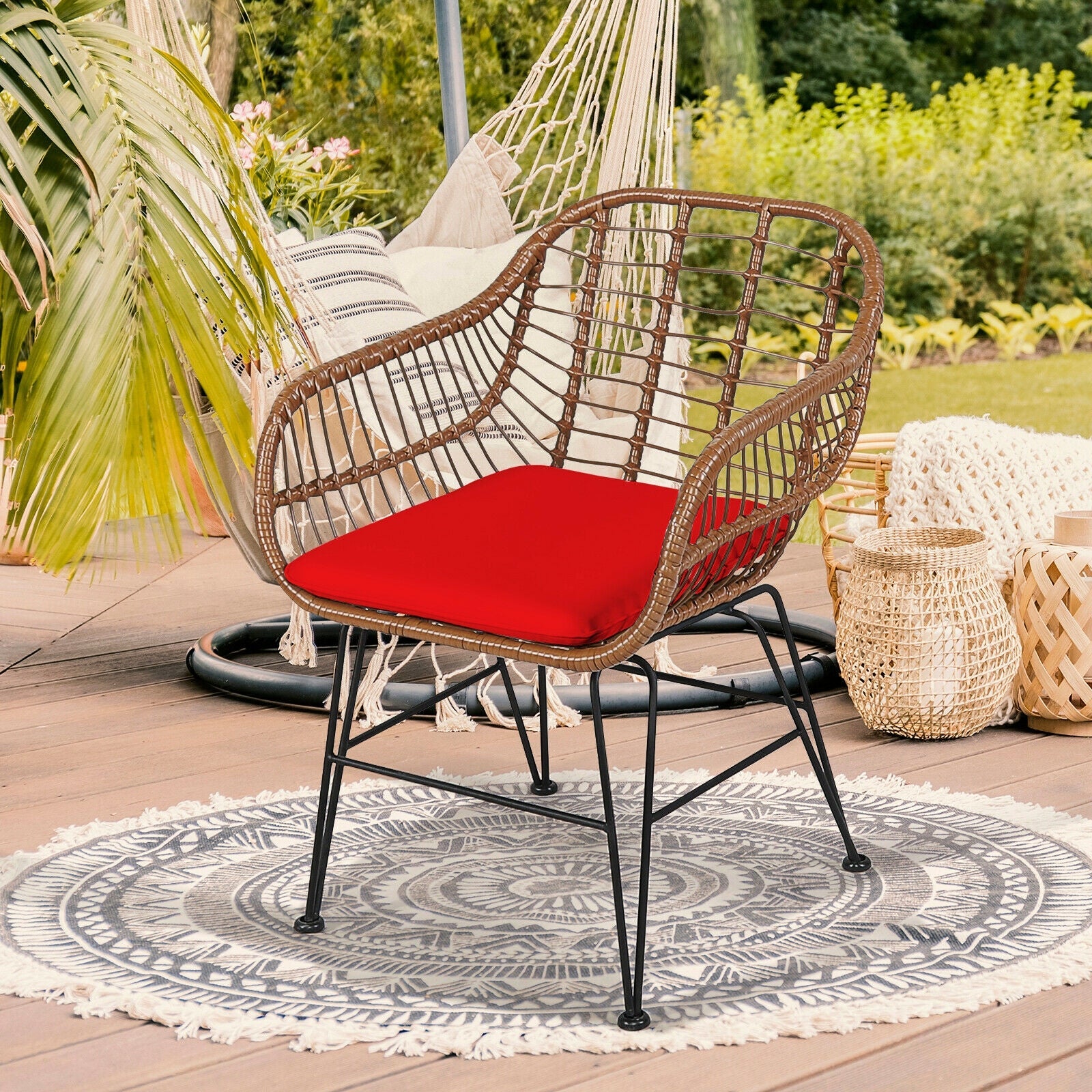 3-Piece rattan patio bistro set with red cushions, brown wicker chairs and a glass table on Tampa Home & Garden Store