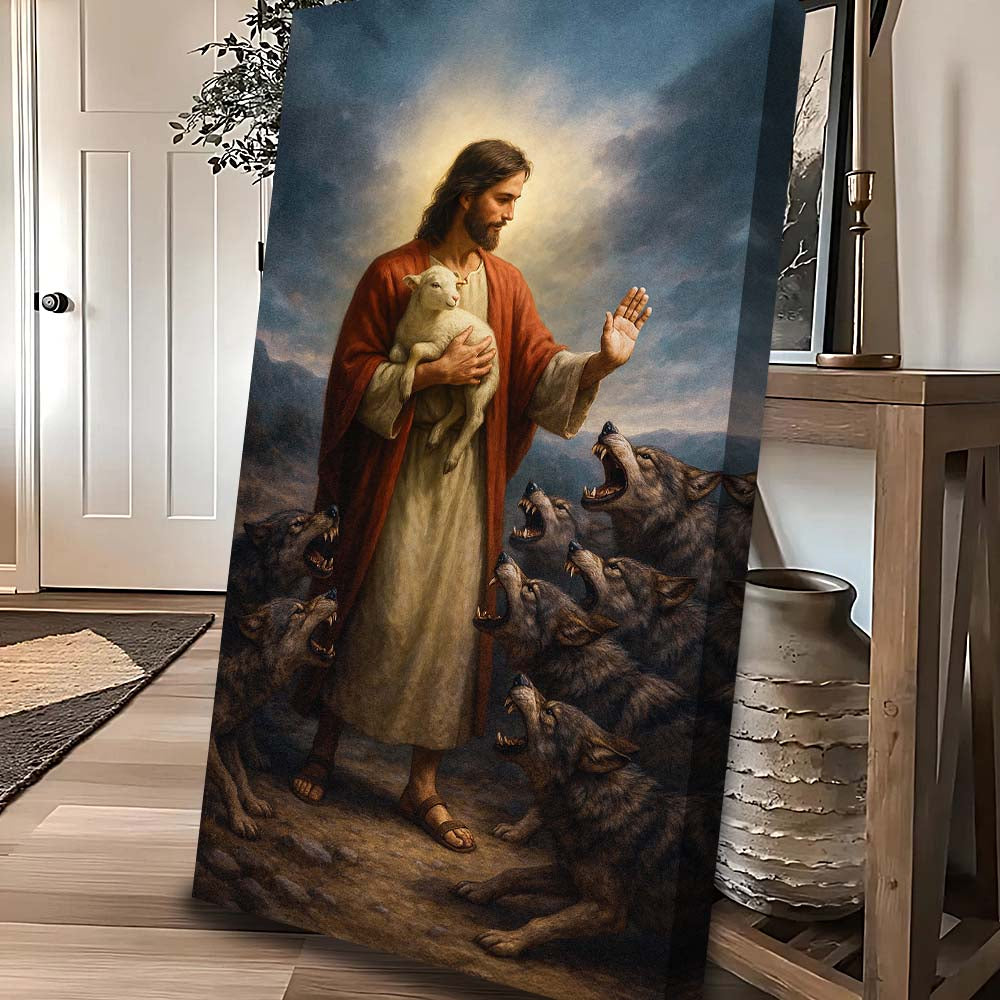 Jesus Protects The Lamb From Wolves Wall Art V canvas depicting Jesus with a lamb among wolves on Tampa Home & Garden Store