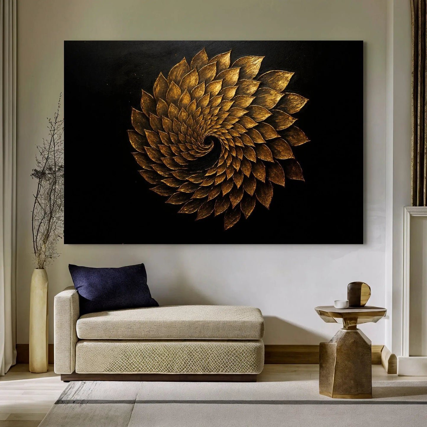 Winged Harmony abstract wall art canvas by Tailored Canvases gold leaf spiral petals on black on Tampa Home & Garden Store