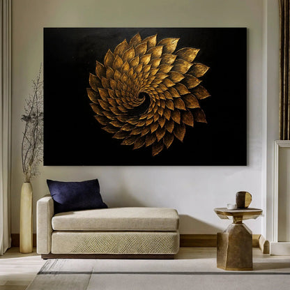 Winged Harmony abstract wall art canvas by Tailored Canvases gold leaf spiral petals on black on Tampa Home & Garden Store
