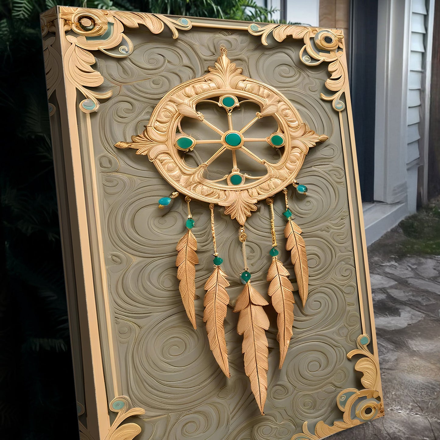 3D Whispering Feathers Wall Art II canvas gold feathers turquoise gems Tailored Canvases panel on Tampa Home & Garden Store