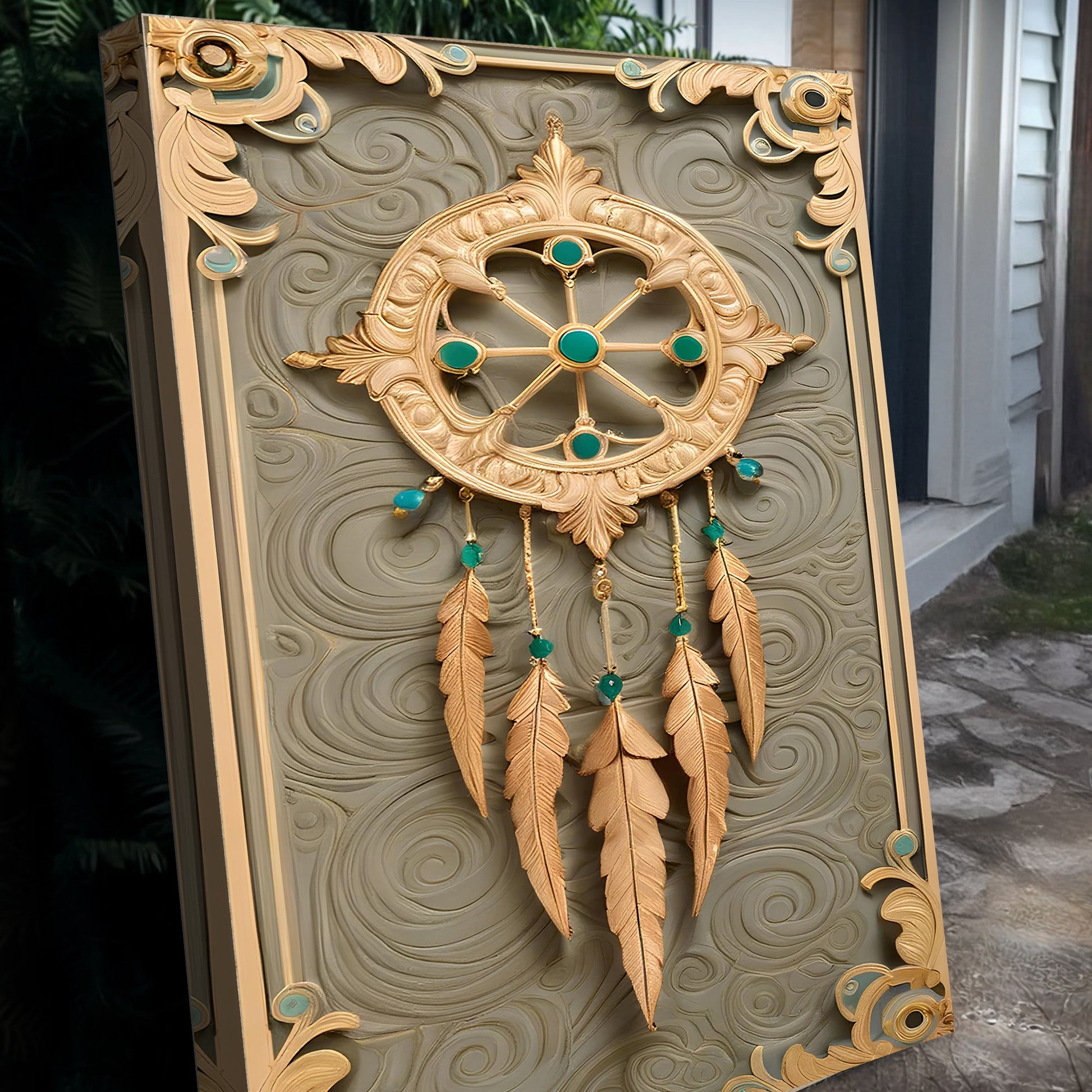 3D Whispering Feathers Wall Art II canvas gold feathers turquoise gems Tailored Canvases panel on Tampa Home & Garden Store