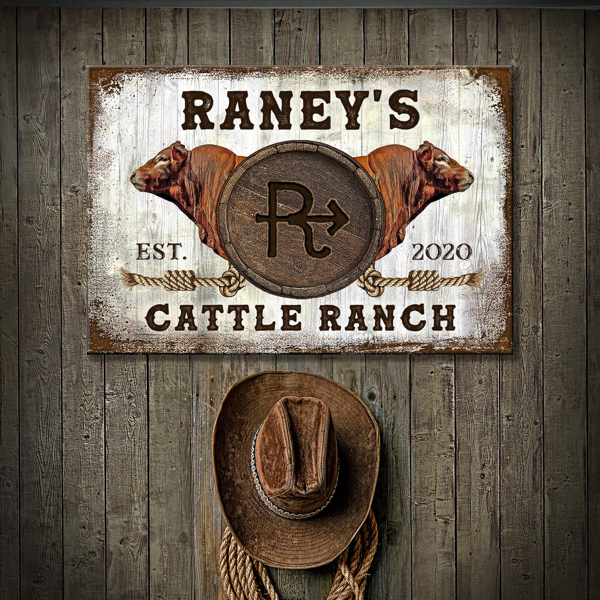 Cattle Brand Limousin sign on canvas with rustic white panel, twin cattle heads and rope accents on Tampa Home & Garden Store