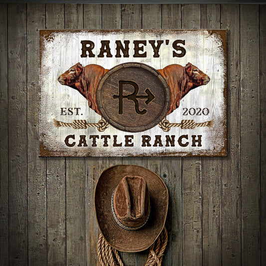 Cattle Brand Limousin sign on canvas with rustic white panel, twin cattle heads and rope accents on Tampa Home & Garden Store