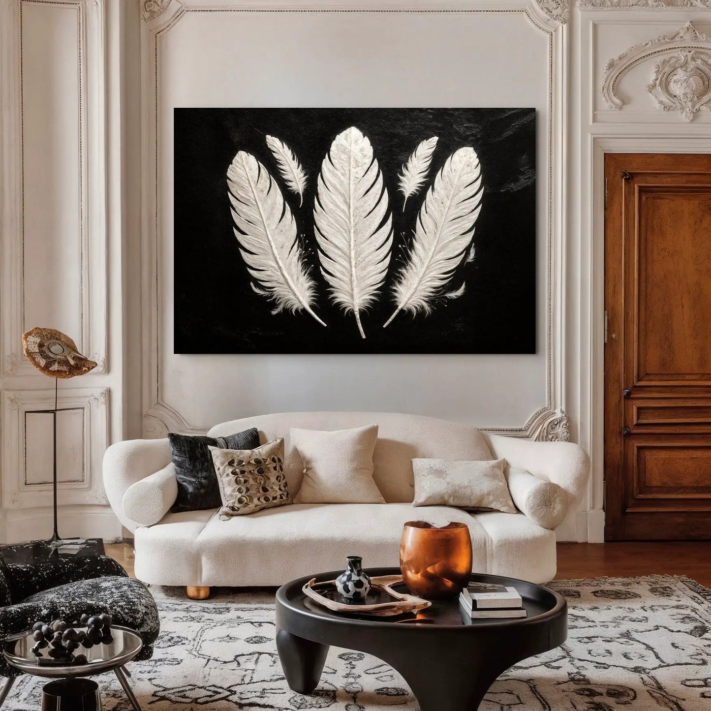 Minimalist Monochrome Feather Wall Art canvas Tailored Canvases white feathers on black canvas on Tampa Home & Garden Store
