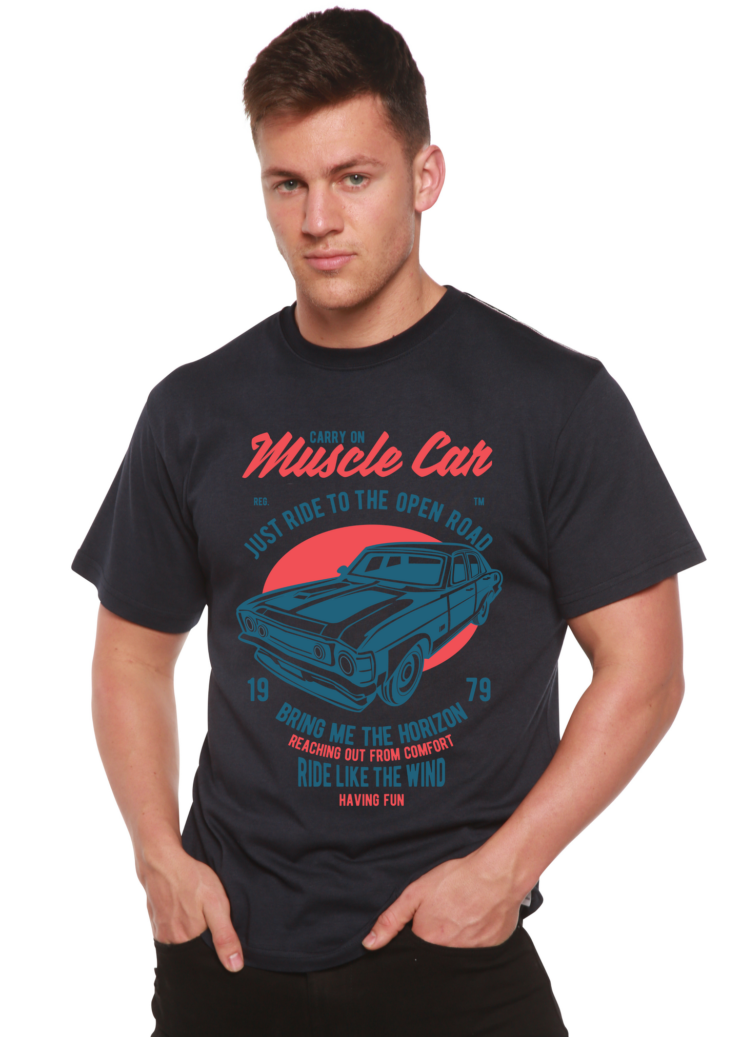 Muscle Car Spun Bamboo men's graphic T-shirt in navy with red/blue vintage car print on Tampa Home & Garden Store