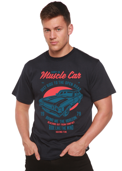 Muscle Car Spun Bamboo men's graphic T-shirt in navy with red/blue vintage car print on Tampa Home & Garden Store