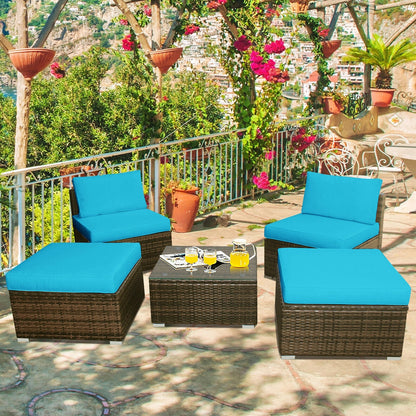 5 Pieces Patio Rattan Furniture Set with Cushioned Armless Sofa