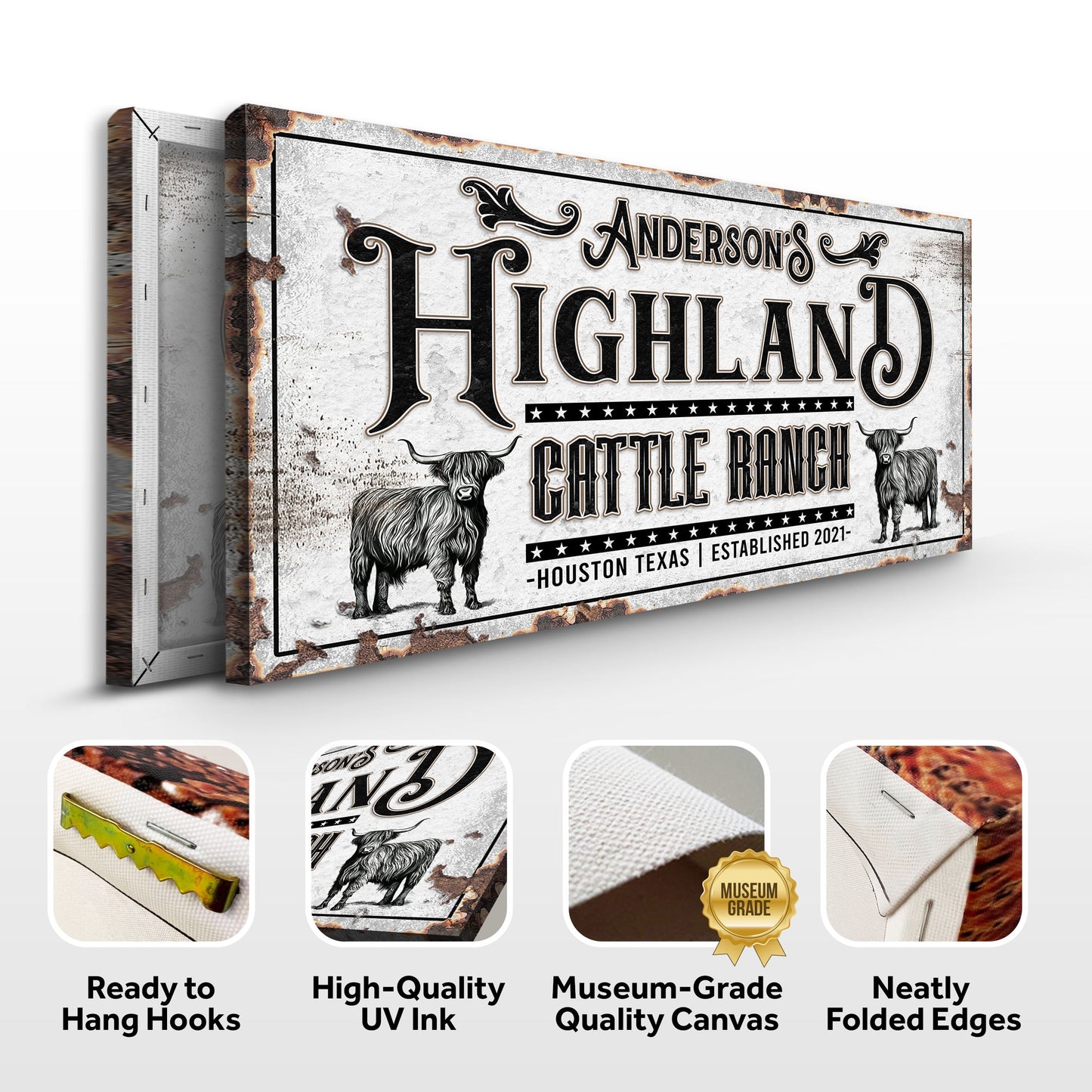 Personalized Highland Cattle Ranch Sign II canvas by Tailored Canvases distressed design on Tampa Home & Garden Store