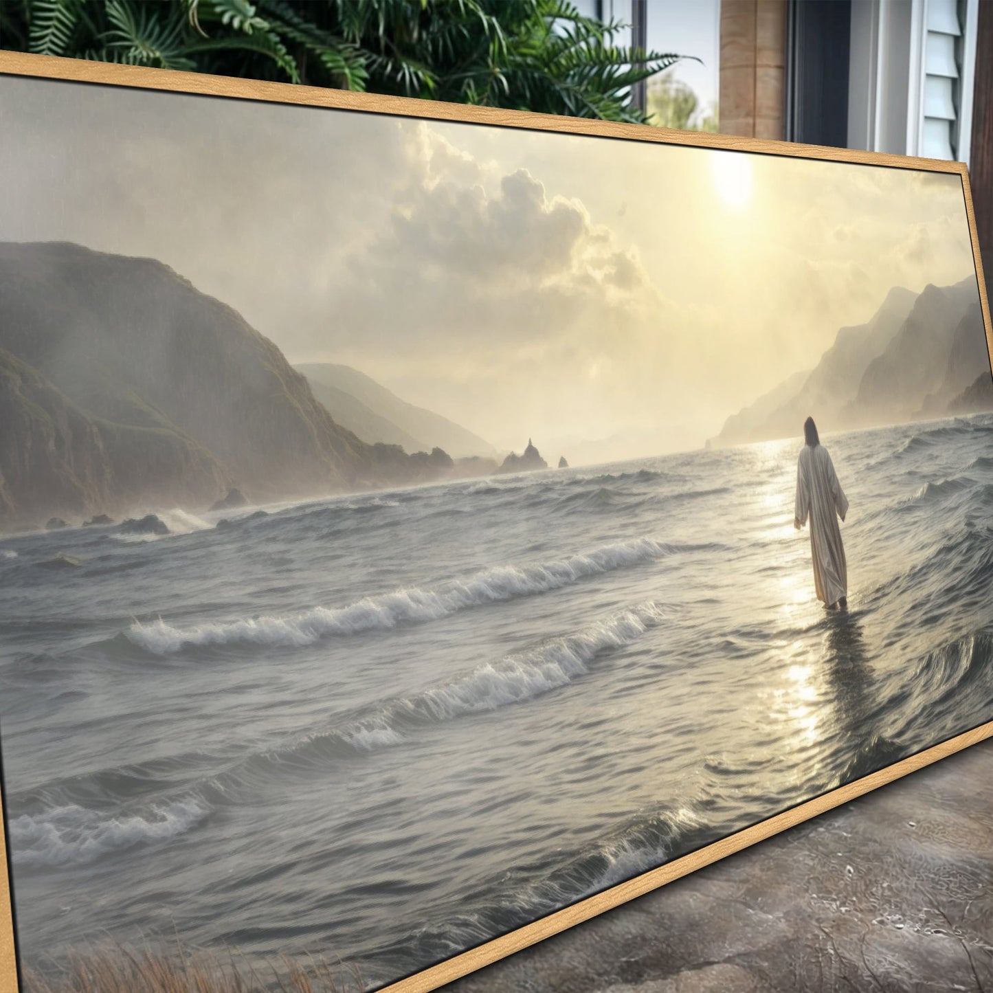 Walking on Water - Faith Wall Art IX canvas by Tailored Canvases wood-framed coastal scene with waves and a robed figure on Tampa Home & Garden Store