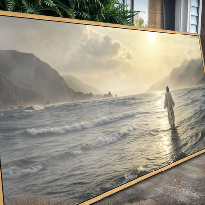Walking on Water - Faith Wall Art IX canvas by Tailored Canvases wood-framed coastal scene with waves and a robed figure on Tampa Home & Garden Store