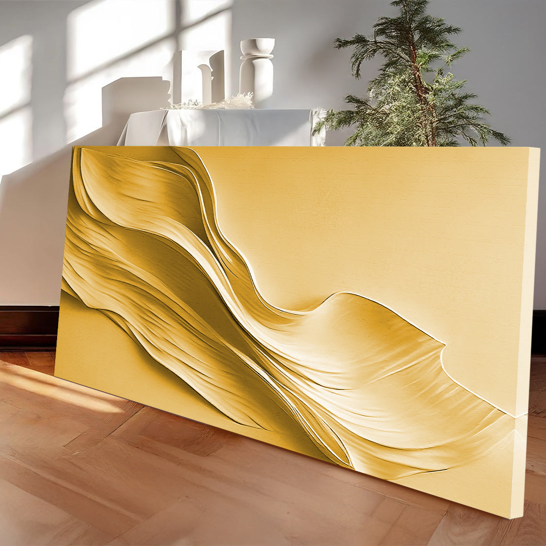 Gold Minimalist Wall Art II canvas with sweeping gold abstract waves for crafting decor on Tampa Home & Garden Store