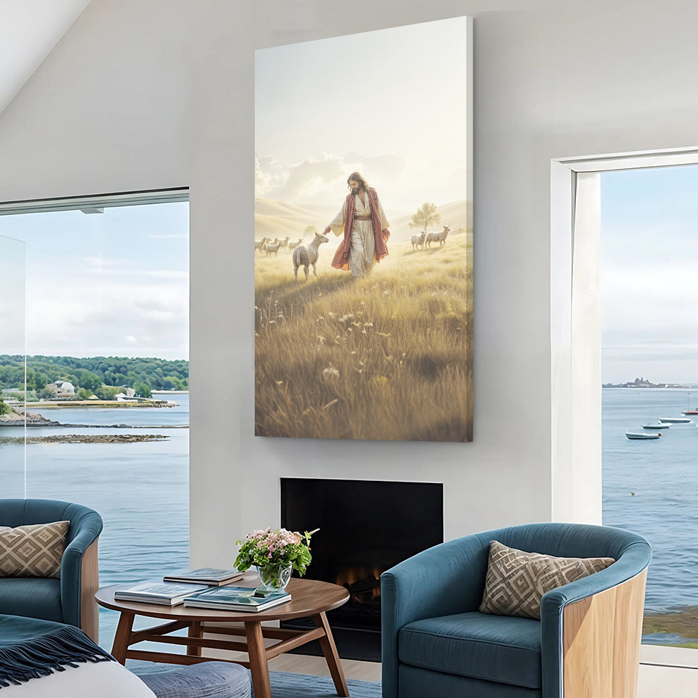 99 Faith Wall Art VI canvas by Tailored Canvases; Jesus with sheep in a sunlit field on Tampa Home & Garden Store