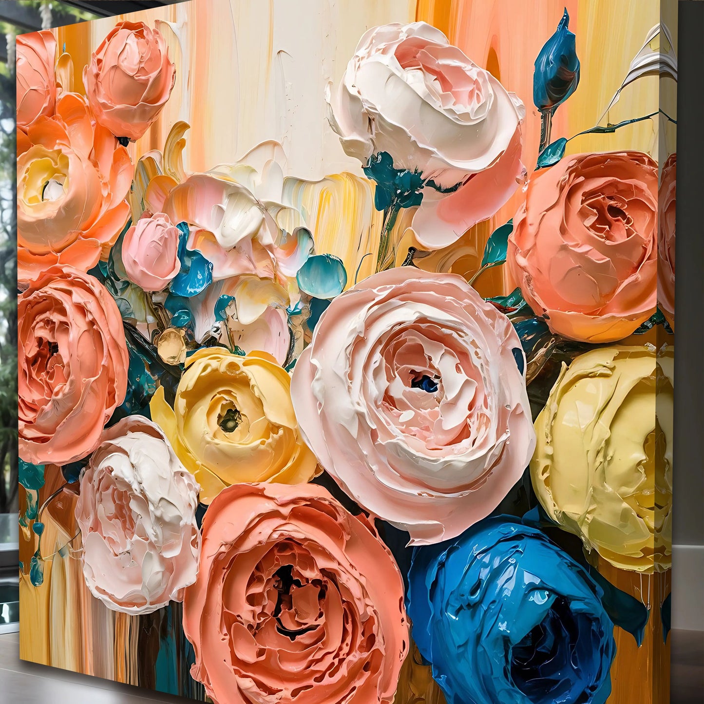 Blooming Bouquet wall art canvas by Tailored Canvases with pink roses and bold color strokes on Tampa Home & Garden Store
