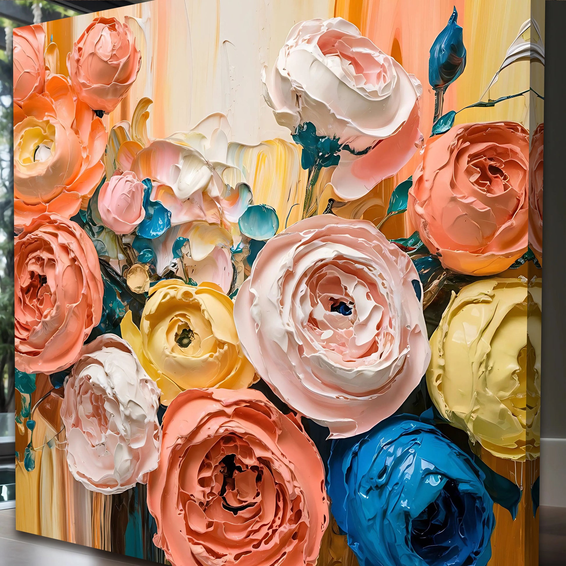 Blooming Bouquet wall art canvas by Tailored Canvases with pink roses and bold color strokes on Tampa Home & Garden Store