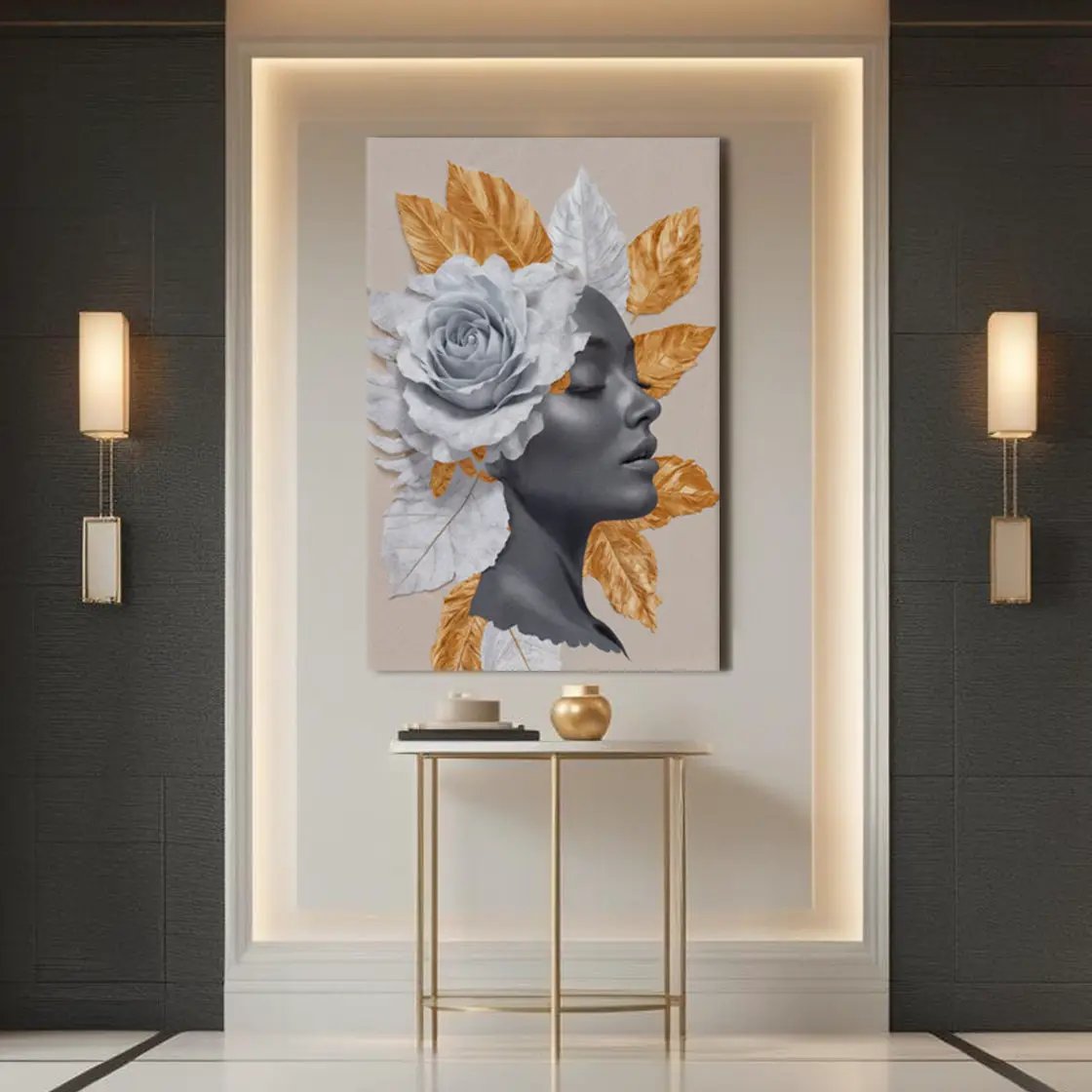 Floral Majesty Wall Art IV canvas by Tailored Canvases, gray profile with orange leaves on Tampa Home & Garden Store