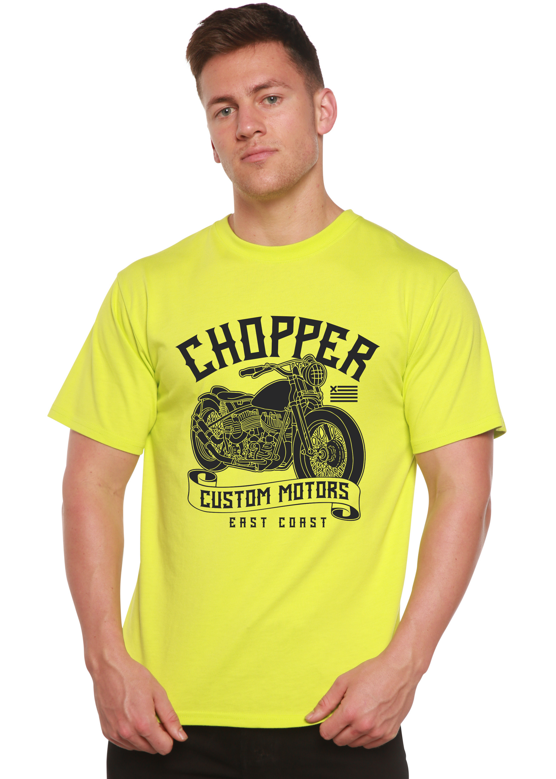 Chopper Custom Motors men's neon yellow bamboo viscose/organic cotton T-shirt motorcycle print on Tampa Home & Garden Store