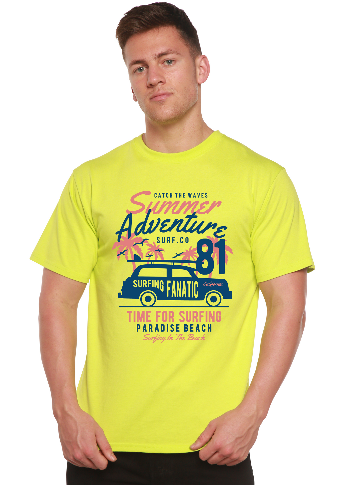 Sammer Adventure Spun Bamboo men's short sleeve graphic T-shirt neon lime with bold print on Tampa Home & Garden Store