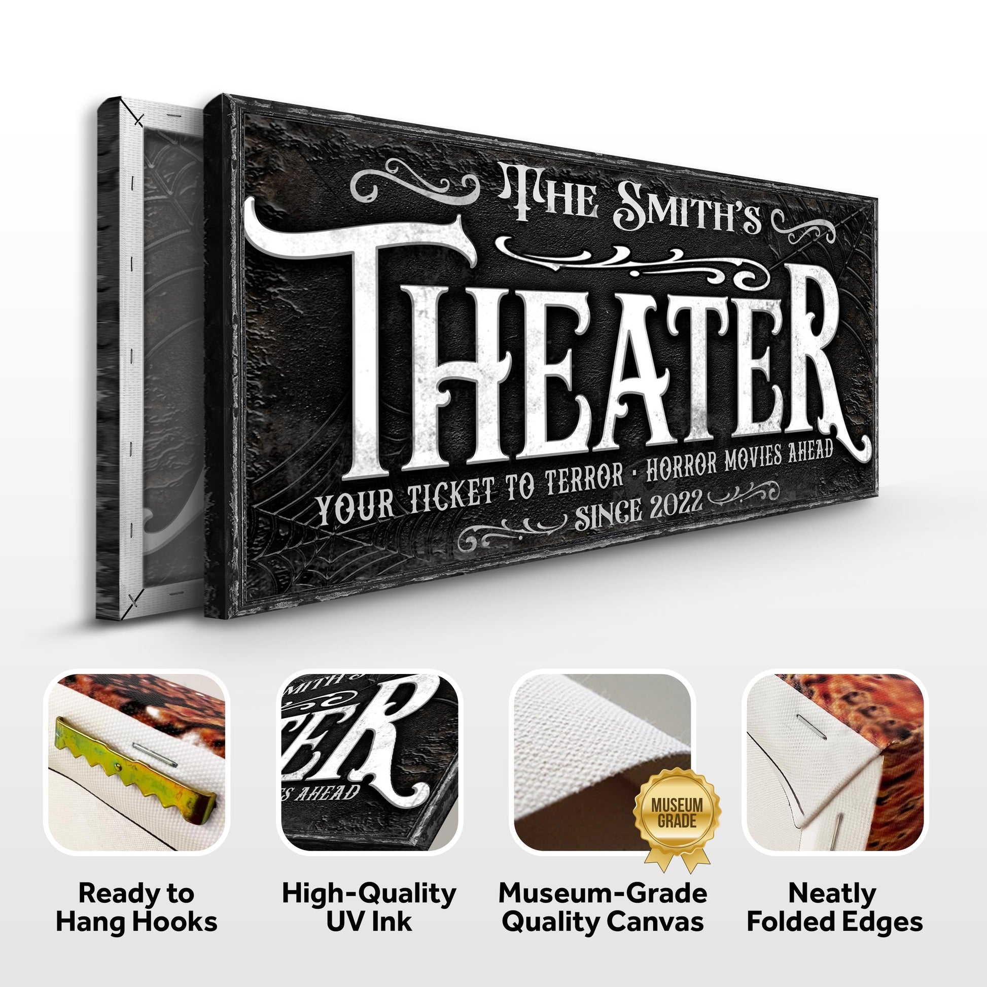 Theater Sign VII canvas by Tailored Canvases with black textured background and white lettering on Tampa Home & Garden Store