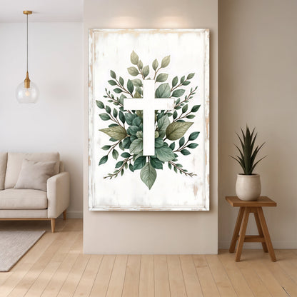 Minimalist Cross Faith Wall Art II canvas with green leaves in a distressed white frame on Tampa Home & Garden Store