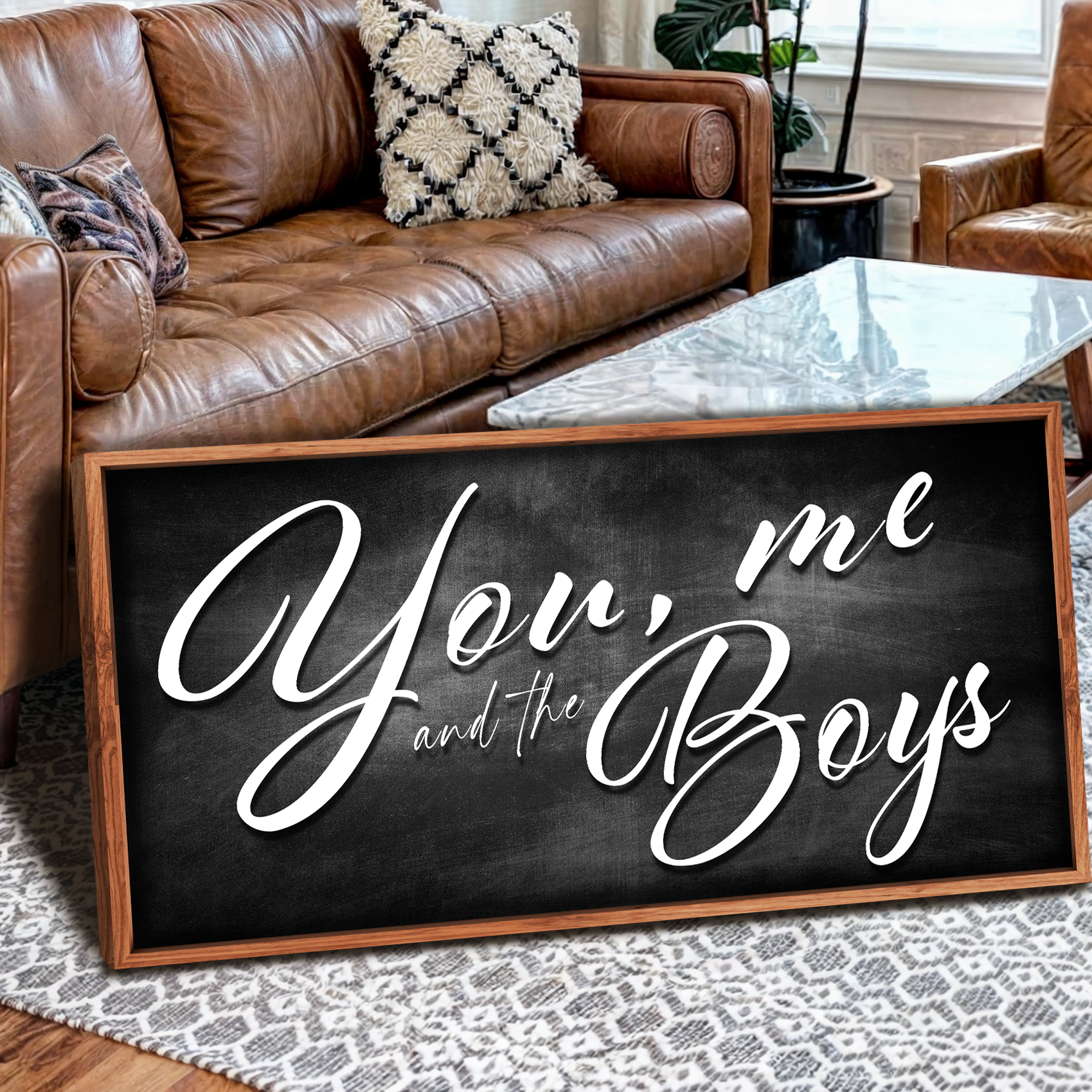 You Me and the Boys farmhouse sign canvas with chalkboard and wood frame by Tailored Canvases on Tampa Home & Garden Store