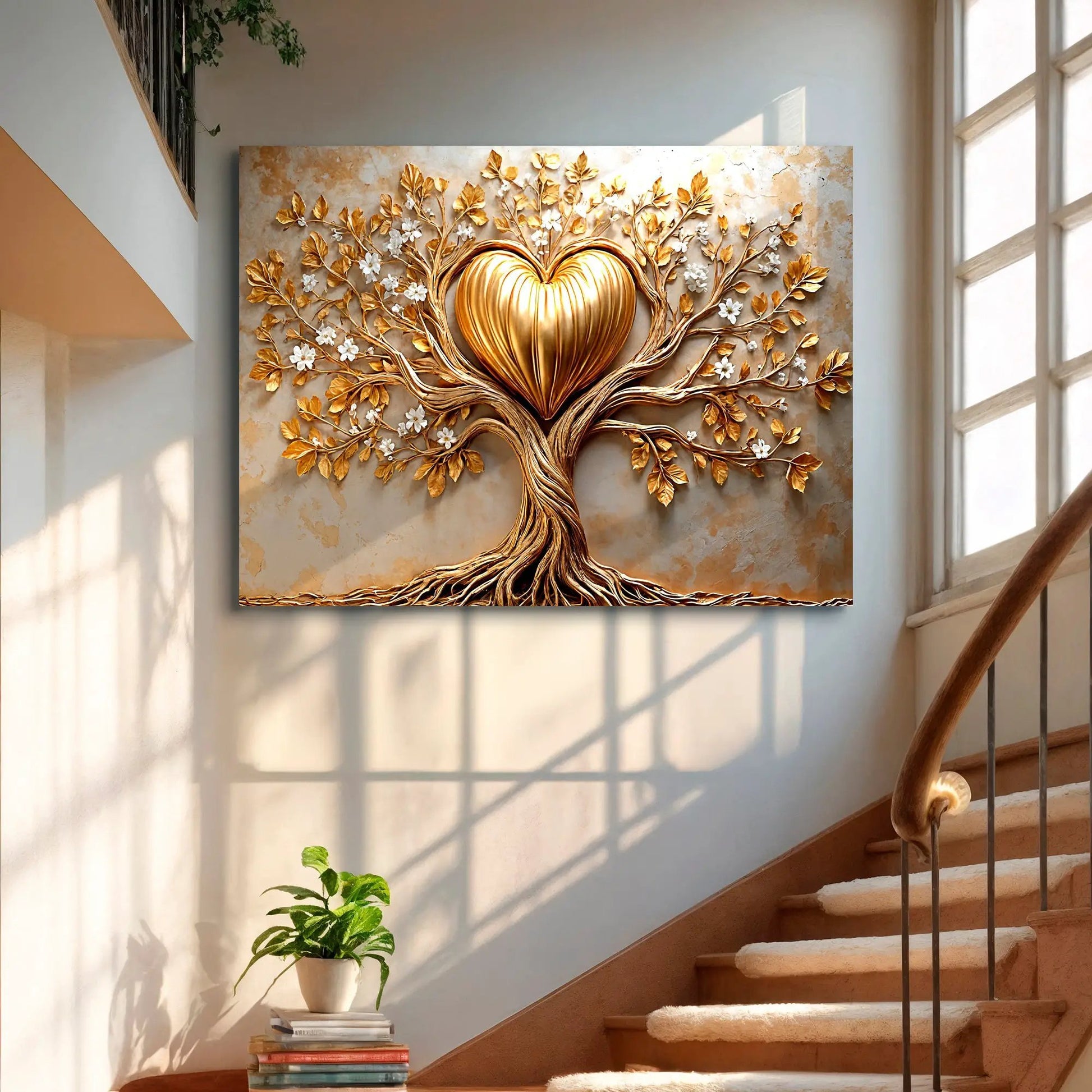 Golden Tree Heart Wall Art canvas by Tailored Canvases with a golden heart and branching leaves on Tampa Home & Garden Store