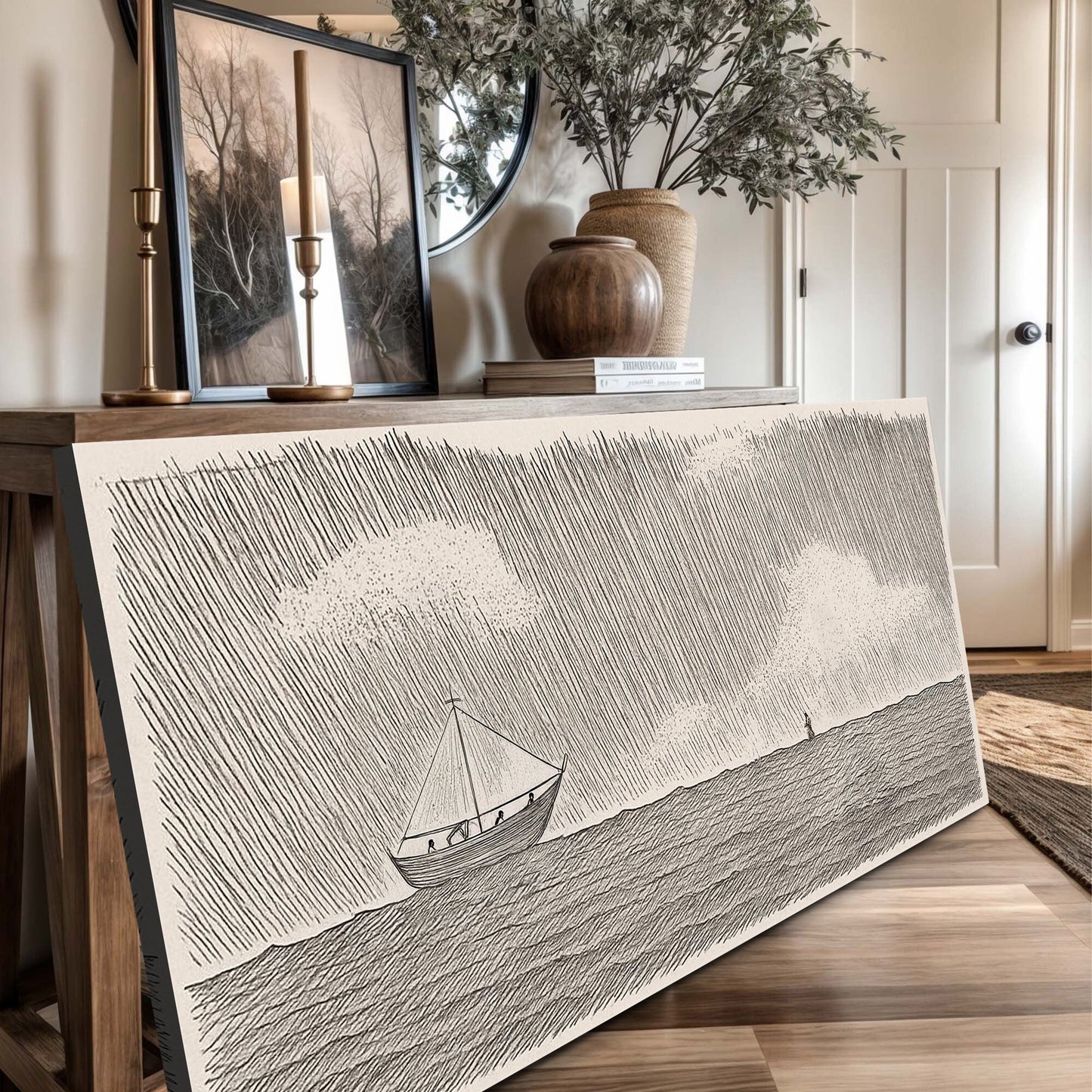 Jesus Walking On Water Faith Wall Art II canvas by Tailored Canvases, line-drawn sailboat on water on Tampa Home & Garden Store