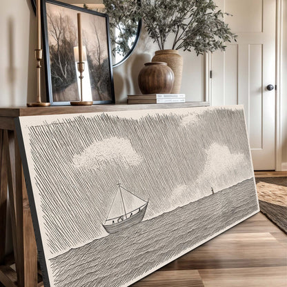 Jesus Walking On Water Faith Wall Art II canvas by Tailored Canvases, line-drawn sailboat on water on Tampa Home & Garden Store