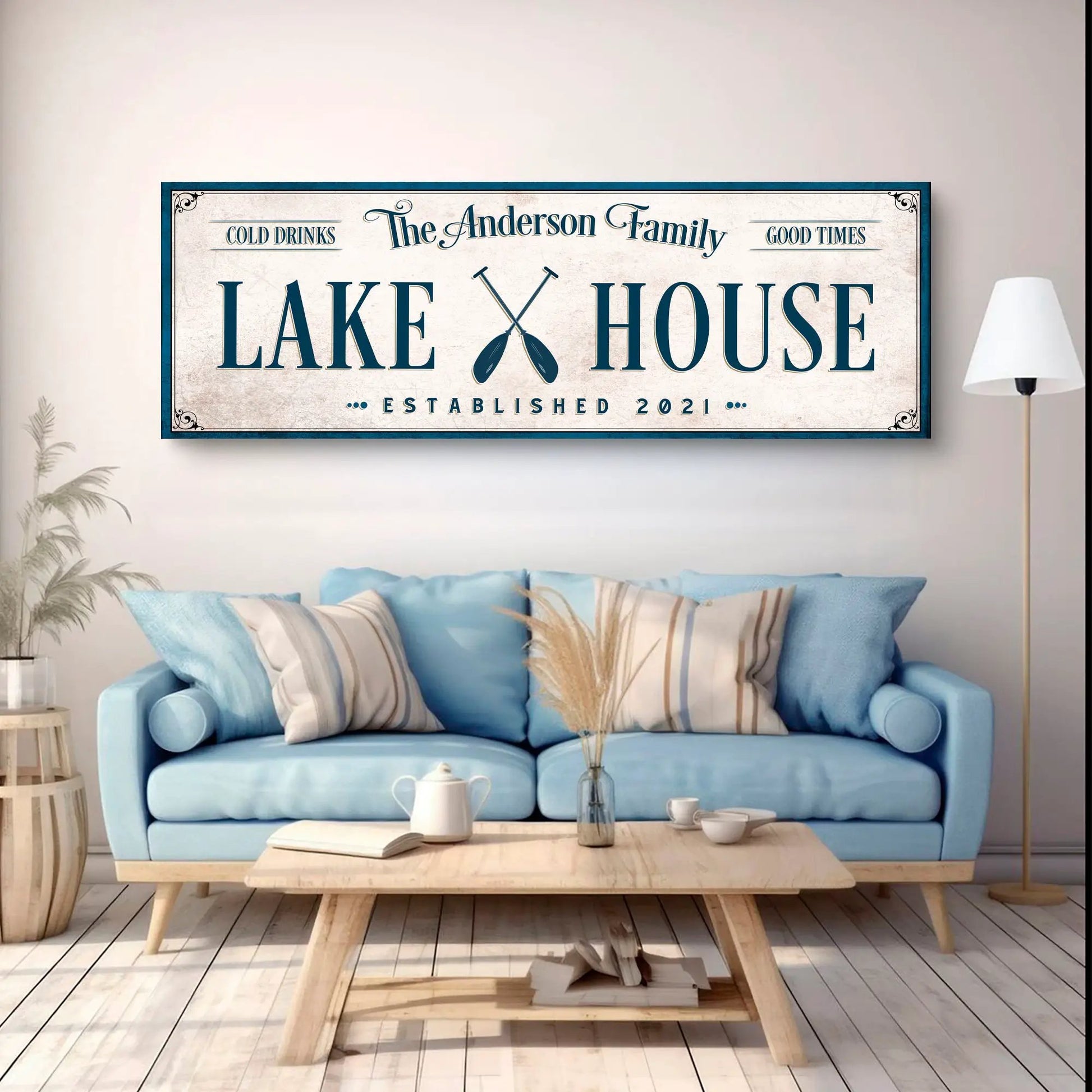 Personalized Lake House Sign IV canvas by Tailored Canvases with blue frame, rustic typography on Tampa Home & Garden Store