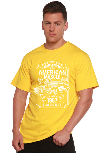 American Muscle men's yellow graphic tee with white car print bamboo viscose/organic cotton on Tampa Home & Garden Store