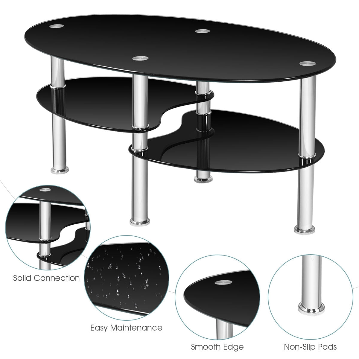 Mesa auxiliar de centro ovalada de cristal templado - Negra