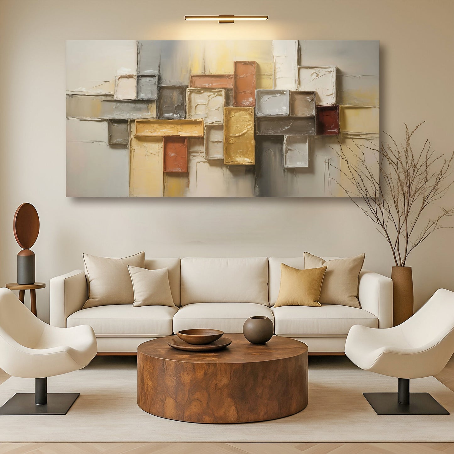 Shape Pattern Minimalist Abstract Wall Art canvas with beige gray gold blocks Tailored Canvases on Tampa Home & Garden Store