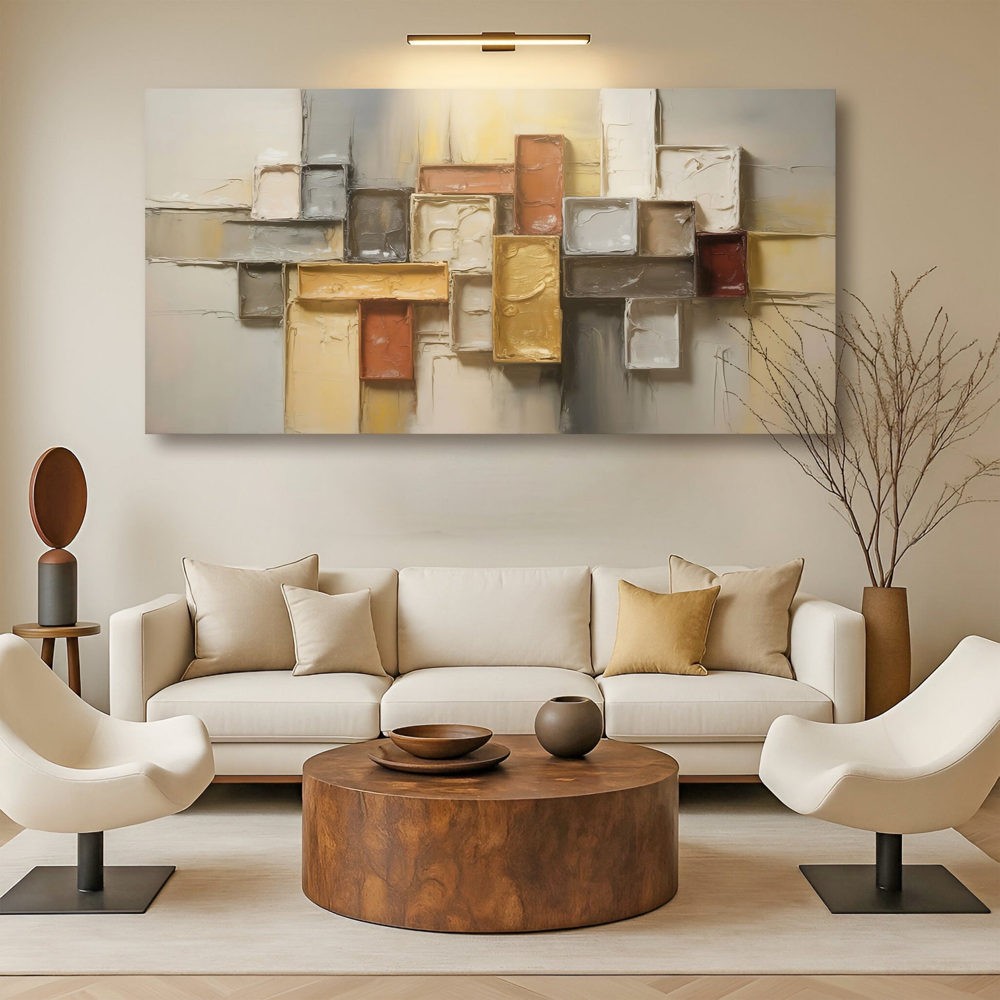 Shape Pattern Minimalist Abstract Wall Art canvas with beige gray gold blocks Tailored Canvases on Tampa Home & Garden Store