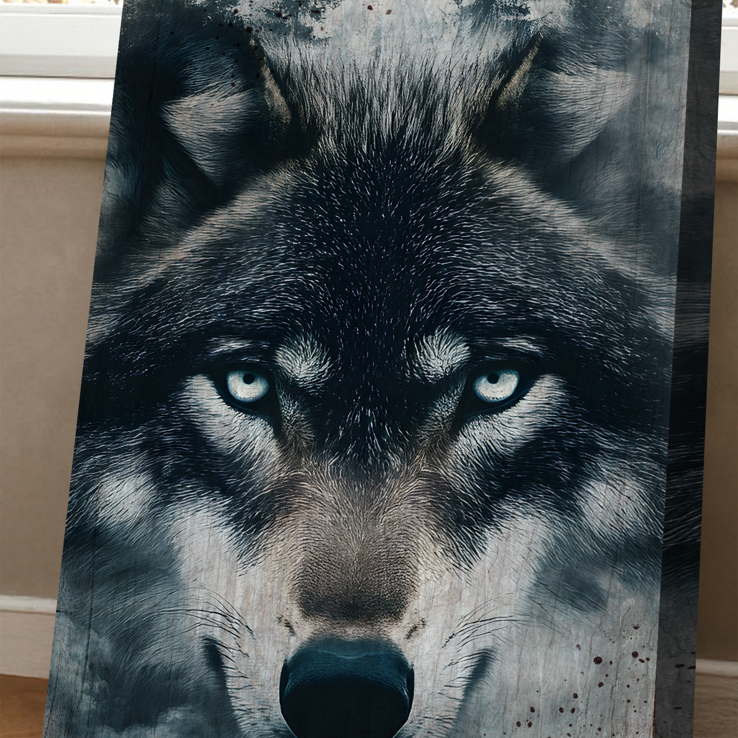 Wolf Double Exposure Wall Art III canvas by Tailored Canvases, close-up of a wolf with blue eyes on Tampa Home & Garden Store