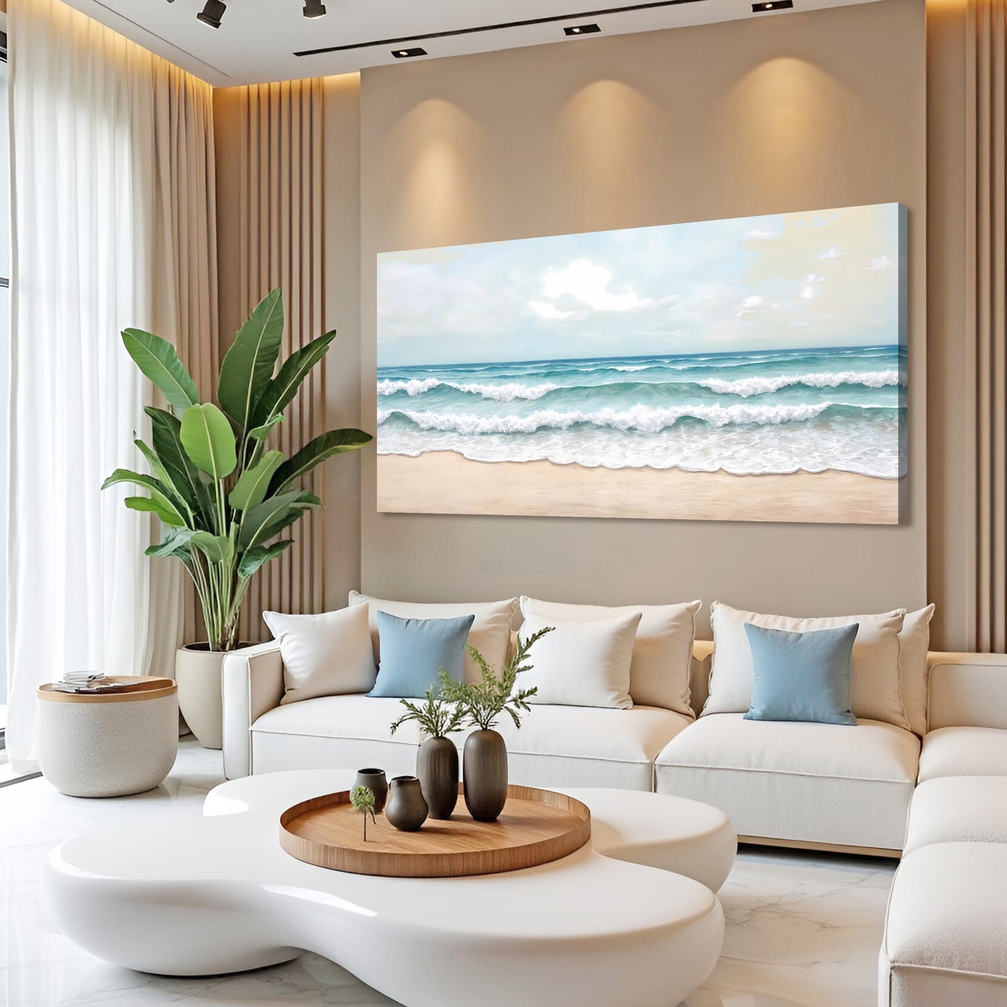 Serene Ocean Wave Coastal Wall Art canvas by Tailored Canvases; blue waves on beige wall on Tampa Home & Garden Store