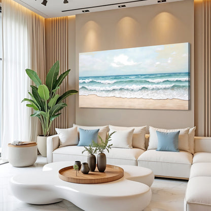 Serene Ocean Wave Coastal Wall Art canvas by Tailored Canvases; blue waves on beige wall on Tampa Home & Garden Store