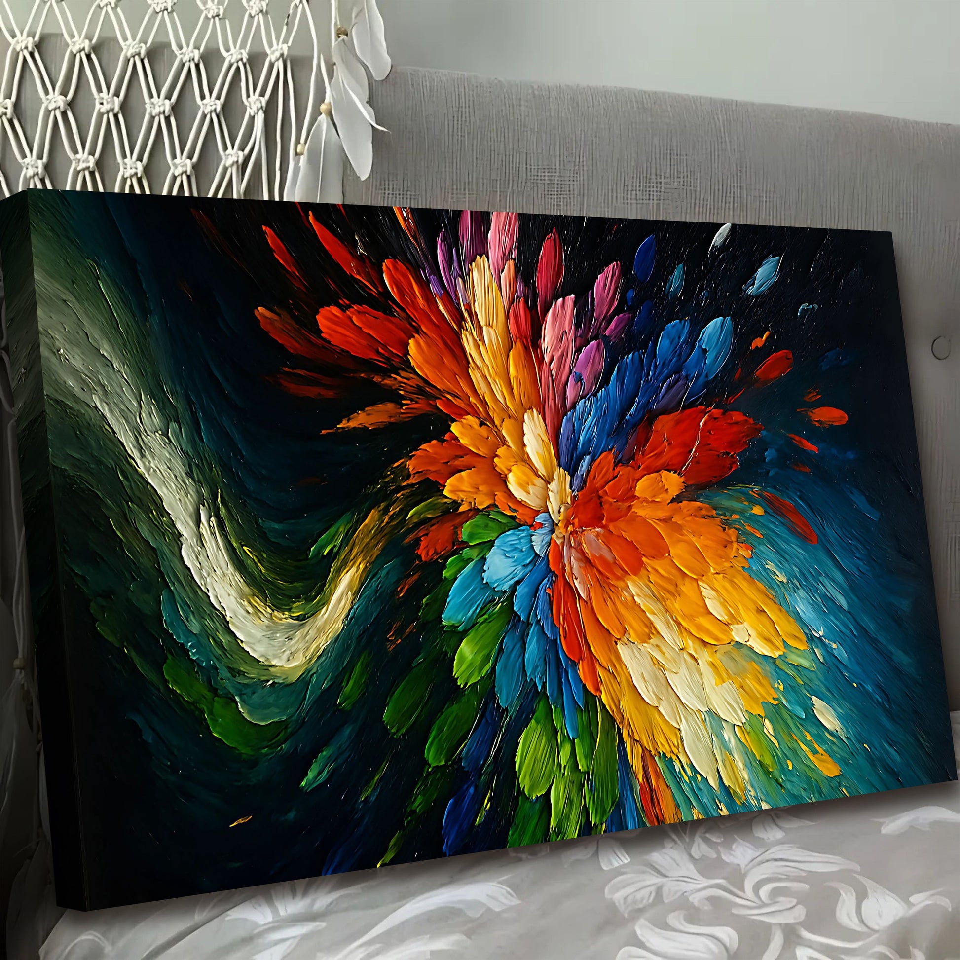 Cosmic Burst Wall Art canvas by Tailored Canvases with vibrant rainbow petals on black on Tampa Home & Garden Store
